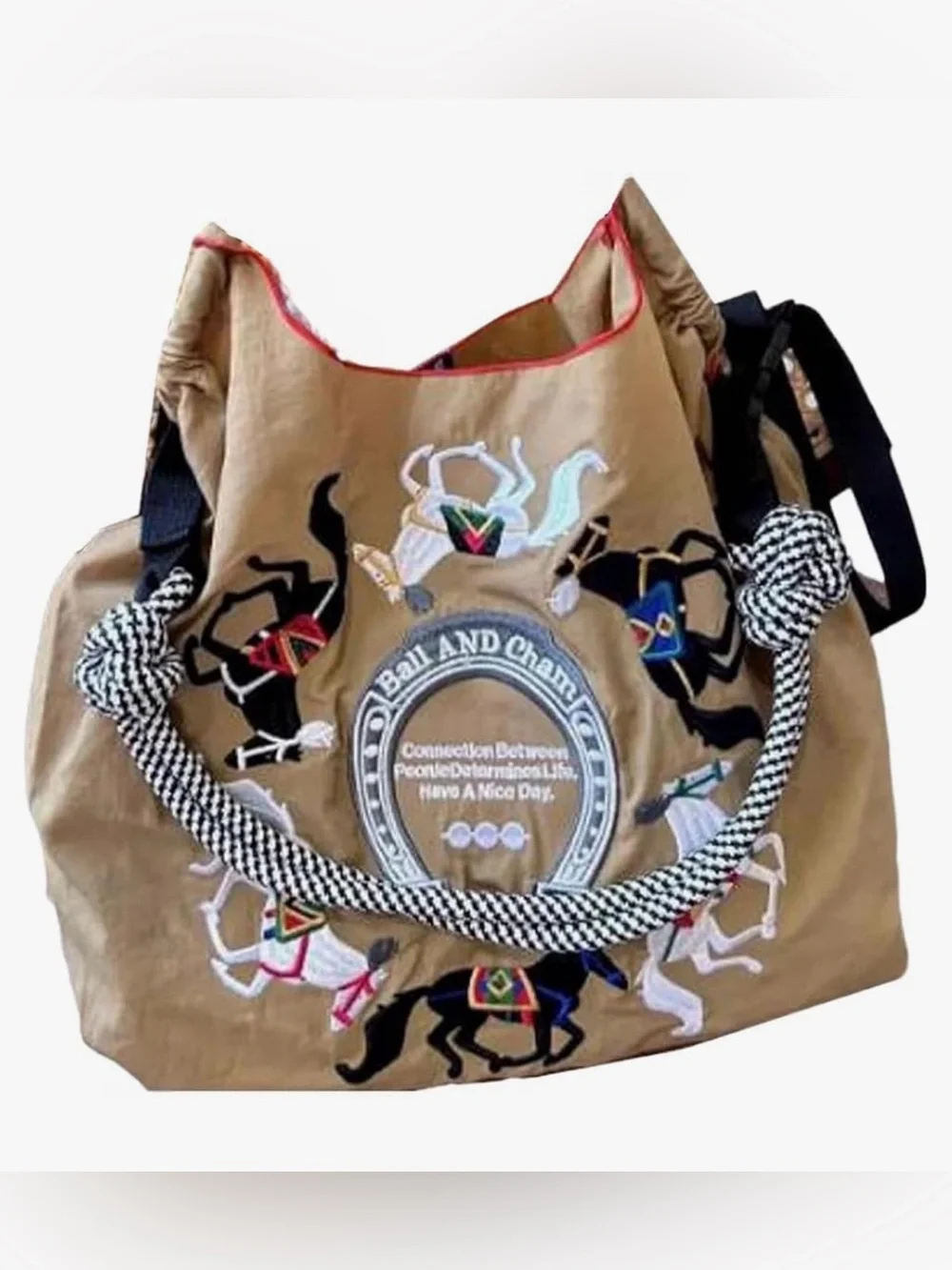 Ball & Chain Japan Horse Embroidered Tan Canvas Tote Bag OS Houndstooth